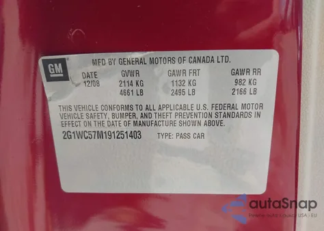 2009 Chevrolet Impala Lt from USA, damaged, VIN 2G1WC57M191251403